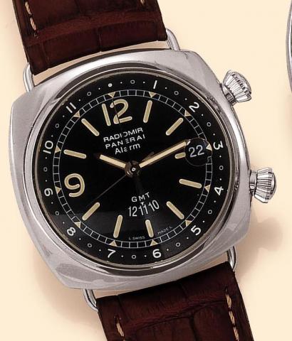 Officine Panerai, Firenze 1860, Radiomir Panerai - GMT/Alarm, No. D 098/500, Ref. OP 6563. Produced in a limited edition of 500 examples in 1999. Fine and rare, large, two-time zone, center-seconds, self-winding, water-resistant, stainless steel gentleman