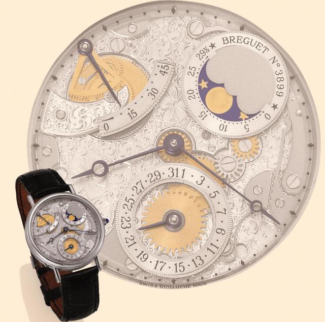 Breguet, No. 3899, Ref. 3135. Produced in the 1990s. Very fine and very rare, astronomic, self-winding, 18K white gold gentleman's wristwatch with 45-hour power reserve, date, phases and age of the moon and an 18K white gold Breguet deployant clasp. Accom