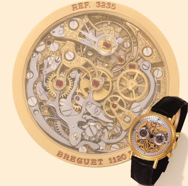 Breguet, Chronographe Squelette, No. 1120, Ref. 3235. Produced in the 1990s. Very fine, skeletonized, 18K yellow gold gentleman's wristwatch with round button chronograph, register and an 18K yellow gold Breguet deployant clasp. Accompanied by a fitted bo