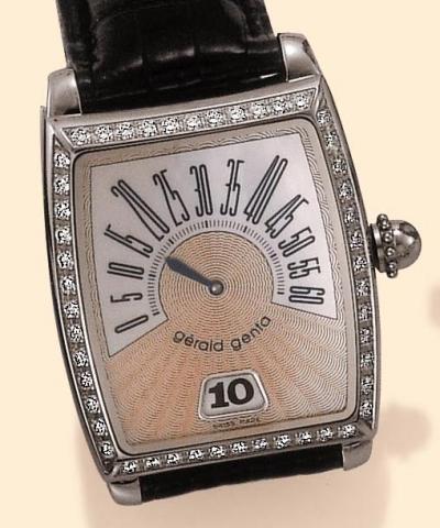 G_rald Genta, R_tro Solo, Ref. G 3671. Produced in the 1990s. Fine, jump-hour, self-winding, water-resistant, diamond-set stainless steel gentleman