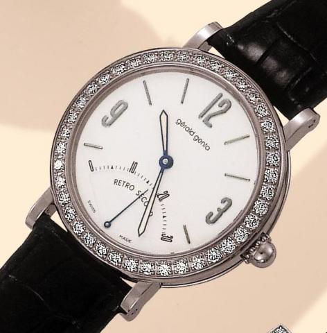 G_rald Genta, R_tro Second, Ref. G 3610. Produced in the 1990s. Fine, self-winding, water-resistant, diamond-set stainless steel gentleman
