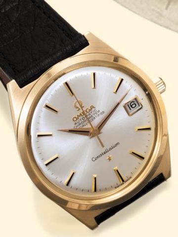 Omega, Constellation, Automatic Chronometer, Officially Certified, Ref. 168015. Produced in the 1970s. Production of the Constellation started in 1952. Very fine, tonneau-shaped, center-seconds, self-winding, water-resistant, 18K pink gold gentleman's wri