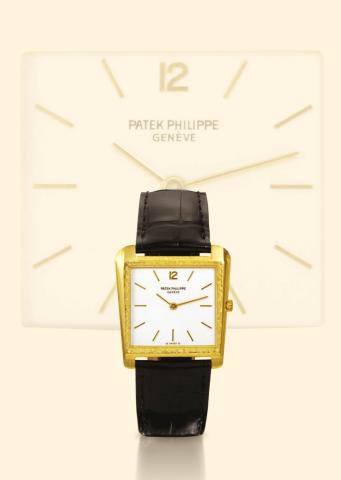 Patek Philippe Cie, Geneve, No. 1131072, case No. 2632785, Ref. 3489. Produced circa 1964. Fine and unusual, asymmetric trapezoidal, 18K yellow gold gentleman's wristwatch.