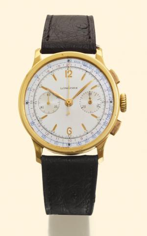 Longines, No. 5431580. Produced in the 1950s. Fine 18K yellow gold gentleman's wristwatch with square button chronograph, register, tachometer and telemeter.