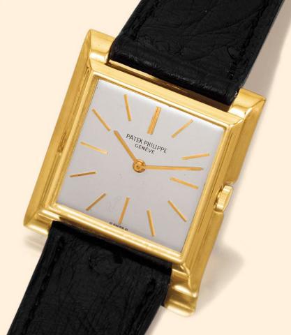 Patek Philippe Cie, Geneve, No. 855696, case No. 689874, Ref. 2562. Produced circa 1955. Very fine and unusual, square, 18K yellow gold gentleman's wristwatch with an 18K yellow gold Patek Philippe buckle.