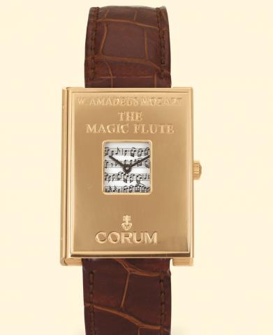 Corum Golden Book, The Magic Flute No. 16. Produced in a limited edition of 50 examples started in 1996. Fine and rare, book-shaped, 18K pink gold gentleman's wristwatch with an 18K pink gold Corum buckle.