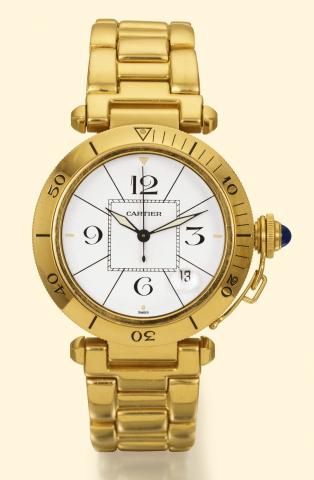 Cartier, Pasha, Automatic, Ref. 0505. Produced circa 1988. Fine center-seconds, self-winding, water-resistant to 330 ft/100m, 18K yellow gold gentleman's wristwatch with date and a heavy 18K yellow gold articulated bracelet.