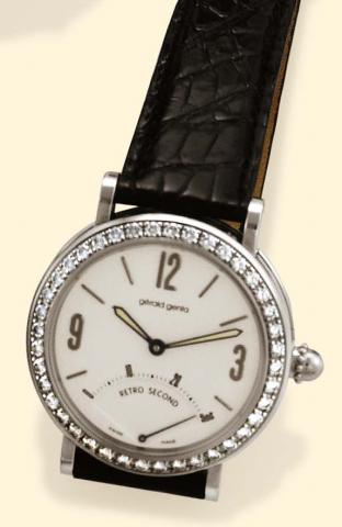 G_rald Genta, R_tro Second, Ref. G 3610. Produced in the 1990s. Fine, self-winding, water-resistant, diamond-set stainless steel gentleman