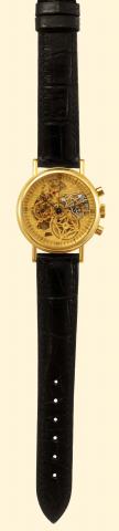 Breguet, Skeleton Chronograph, No. 2757 A. Produced in the 1990s. Very fine, skeletonized, 18K yellow gold gentleman's wristwatch with round button chronograph, registers and an 18K yellow gold Breguet buckle. Accompanied by a fitted box and certificate.