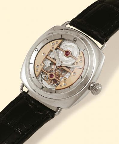 Officine Panerai, Firenze 1860, Radiomir Tourbillon, No. C 02/C 02, Ref. OP 6547. Produced in a limited edition of only 2 examples in 2001. Very fine and extremely rare, large, cushion-shaped, water-resistant, platinum gentleman