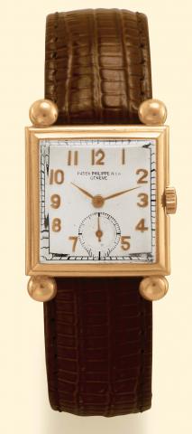 Patek Philippe Cie, Geneve, No. 900820, case No. 628487, Ref. 1458. Produced in 1942, sold on Sept. 14, 1942. Fine, square, 18K pink gold gentleman's wristwatch. Accompanied by an Extract from the Archives.