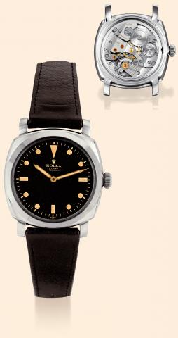 Rolex, Ref. 6153. Made in the 1950s. Fine and very rare, large, cushion-shaped, water-resistant, stainless steel, military diving wristwatch with a steel Rolex buckle.