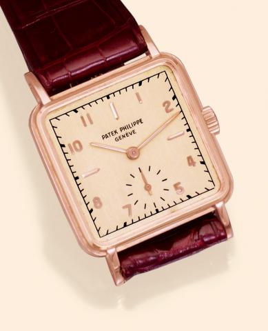 Patek Philippe Cie, Gen?ve, No. 957529, case No.512080, Ref. 2485. Made in 1952. Very fine, square, 18K pink gold gentleman's wristwatch with an 18K pink gold Patek Philippe buckle. Accompanied by the Extract from the Archives.