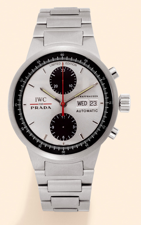 International Watch Co., Schaffhausen for Prada, GST Chronograph, No. 148 / 2000, Ref. 3708. Produced in a limited edi-tion of 2000 examples in 2002 for the Italian fashion house Prada. Fine, self-winding, water-resistant, stainless steel gentleman's wris