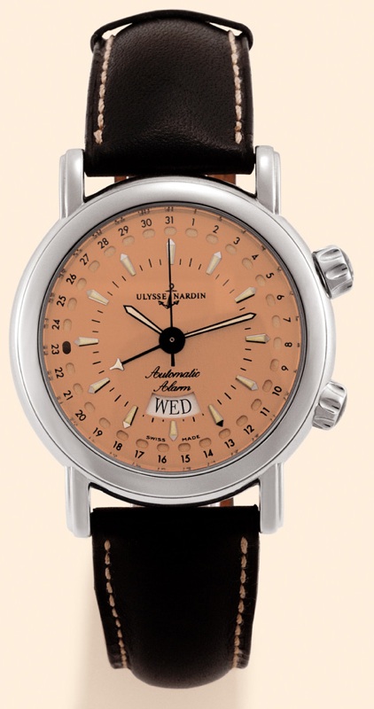 Ulysse Nardin, Le Locle, San Marco Alarm, Ref. 603-77. Produced in the 1990s. Fine, center-seconds, self-winding, water-resistant, stainless steel gentle-man's wristwatch with day/date, alarm feature and a stainless steel Ulysse Nardin deployant clasp.