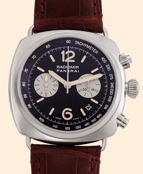 Officine Panerai, Firenze 1860, Radiomir Chrono, No. 024/230, Ref. OP 6596. Made in a limited edition of 230 examples in 2003. Very fine and rare, large, cushion-shaped, water-resistant to 100 meters, stainless steel diver