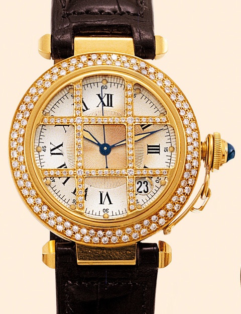 Cartier, Pasha Grille, Ref. 1028. Made in the 1990s. Very fine, center-seconds, self-winding, water-resistant to 100 meters / 330 feet, 18K yellow gold and diamond gentleman's wristwatch with date and an 18K yellow gold Cartier deployant clasp.
