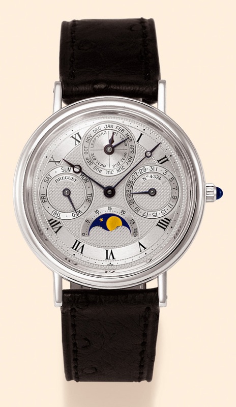 Breguet, No. 4374, Ref. 3057. Produced in the 1990s. Very fine, astronomic, self-winding, 18K white gold gentleman's wristwatch with perpetual calendar and moon phases. Accompanied by a fitted box and certificate.