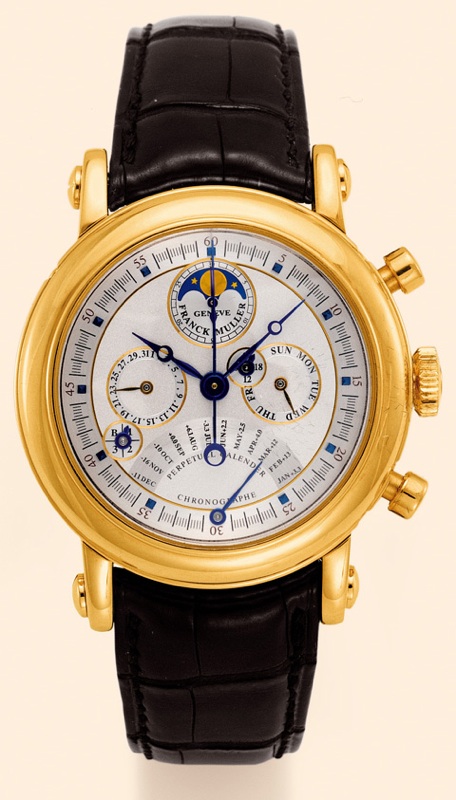 Franck Muller, Geneve, Chronograph, Perpetual Calendar, Equation of Time, No. 08, Ref. 7000 QP E. Made in the 1990s. Very fine and rare, astronomic, self-winding, water-resistant, 18K yellow gold gentleman's wristwatch with perpetual calendar, moon phases