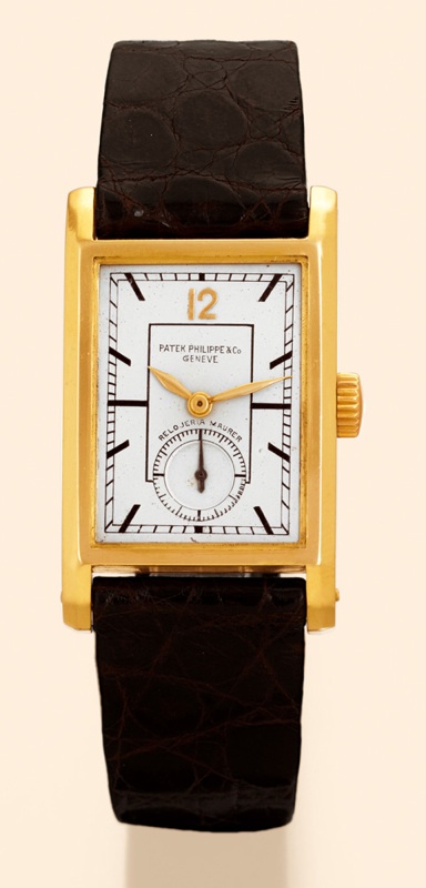 Patek Philippe Co., Geneve, No. 825268, case No. 611684, Ref. 404. Made circa 1938 for Relojeria Maurer. Very fine 18K yellow gold rectangular curved Art Deco gentleman