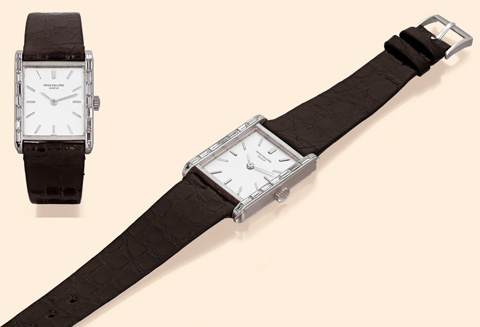 Patek Philippe Co., Geneve, No. 792297, case No. 518118, Ref. 3474. Made in 1963. Very fine and very rare rectangular platinum and diamond gentleman's wristwatch with Patek Philippe platinum buckle. Accompanied by the Extract from the Archives.