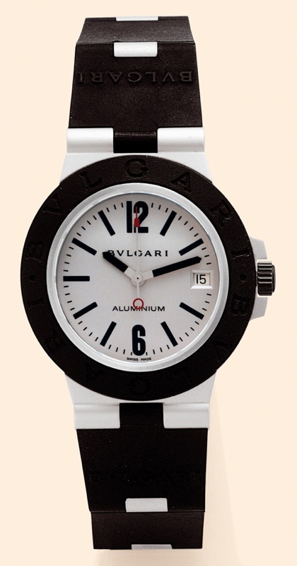 Bulgari, Ref. AL 38 A, made in the 1990s. Interesting and unusual, self-winding, water-resistant, aluminum gentleman's wristwatch with center-seconds, rubber strap and aluminum Bulgari buckle.