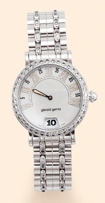 Retro Gerald Genta, Retro, Ref. B 3624. Made in the 1990s. Fine, jump-hour, diamond-set stainless steel lady's quartz wristwatch with retrograde minutes and a diamond-set stainless steel Gerald Genta link bracelet with deployant clasp.