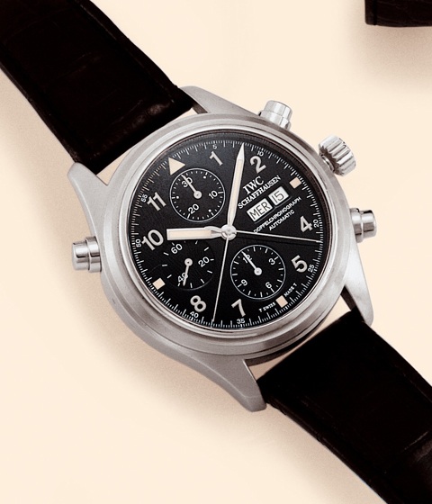 Der Doppelchronograph International Watch Co., Schaffhausen, Der Doppelchronograph, No. 103, Ref. 3711. Made in the 1990s. Very fine and rare, oversized, self-winding, water-resistant to 50 meters, platinum gentleman's wristwatch with round button split-s