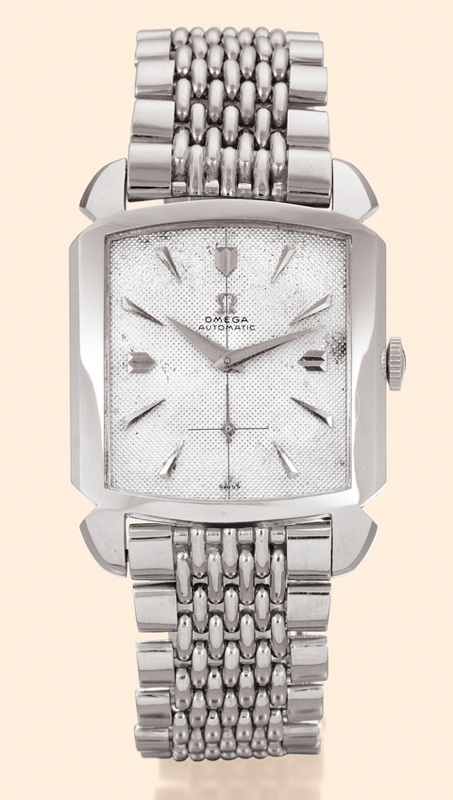 Carr_ Galb_ Omega, No. 13102410, Ref. 3950-1. Made circa 1951. Fine, self-winding, carr_ galb_, stainless steel gentleman's wristwatch with a stainless steel Omega grain de riz bracelet with deployant clasp by Gay Fr