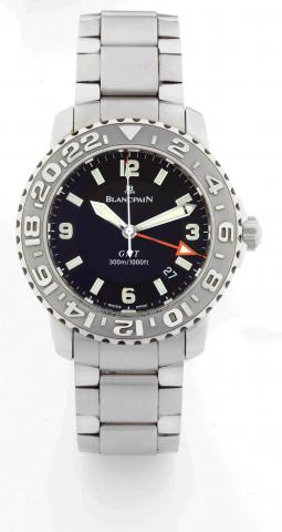Blancpain, Trilogy Collection, GMT 24, Ref. 2250. Made in the 1990s..Fine, center-seconds, self-winding, water-resistant to 300m/1000ft, two-time zone, stainless steel.gentleman's wristwatch with 100 hour-autonomy, date and a stainless steel Blancpain bra
