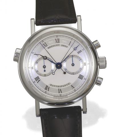 Breguet, Rattrapante, No. 2890I, Ref. 3947. Produced in the late 1990s..Very fine and rare, platinum gentleman's wristwatch with round and oval button split-seconds chronograph.register and a platinum Breguet deployant clasp.