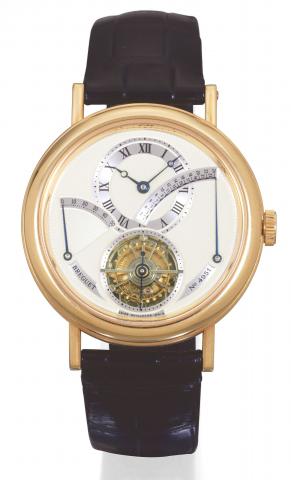 Breguet, No. 4951, Ref. 3650. Made in the 1990s..Very fine and rare, 18K yellow gold gentleman's wristwatch with.visible one-minute tourbillon regulator, 50-hour power reserve.sector for the retrograde 24-hour indication and an 18K yellow gold Breguet.dep