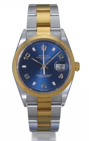 Rolex, Oyster Perpetual Date, Superlative Chronometer Officially Certified, Ref. 15203. Made circa 2000..Fine, tonneau-shaped, center-seconds, self-winding, water-resistant, stainless steel and 18K yellow gold.gentleman