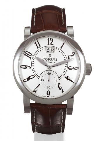 Corum, Classical Grande Date, Automatic, Officially Certified Chronometer, Ref. 922.201.20. Made.circa 2000..Fine, large, center-seconds, self-winding, water-resistant, stainless steel gentleman's wristwatch with date.and a stainless steel Corum deployant