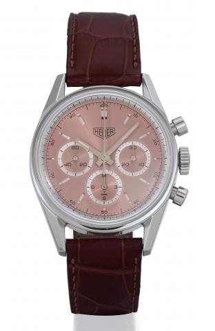 Heuer Carrera Chronograph, Ref. CS 3112. Made circa 2000..Fine, water-resistant, stainless steel gentleman's wristwatch with round button chronograph, registers and.a stainless steel Heuer buckle. Accompanied by a box and certificate.