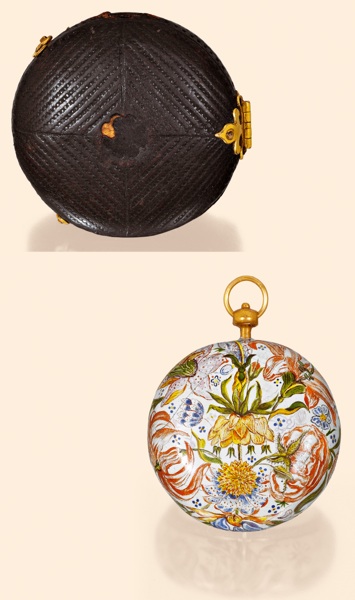 Crown Imperial.Probably Dutch, circa 1670, the movement by Richard Webster, London, No. 3965, circa 1760..Extremely fine and very rare, 20K gold and painted on enamel pendant watch. Accompanied by a leather covered.fitted box. To be sold without reserve.