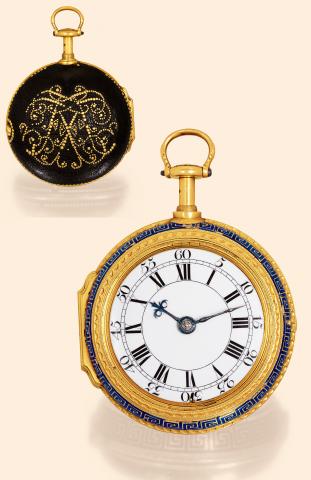 William Threlkeld, London, No. 626. London hallmark for 1733..Fine, quarter repeating, pair-cased, 18K gold and shagreen pocket watch with early use of the cylinder escapement..Accompanied by an additional gold and enamel outer case, custom made circa 177