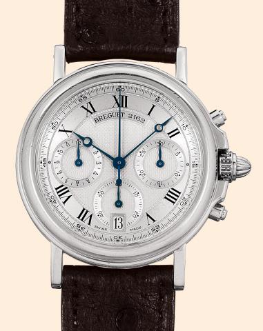 Chronographe Automatique.Breguet, Horloger de la Marine, Chronographe.Automatique, Ref. 2162D. Made.in the 1990s..Very fine, self-winding, water-resistant, Platinum gentleman's.wristwatch with round button chronograph.registers, date, 12-hour registers, a