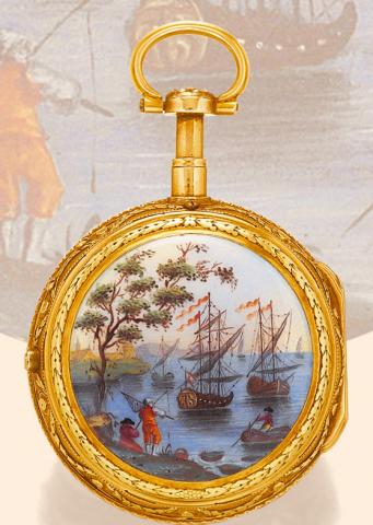 Calm Harbor.Isaac Soret Fils, Geneva, No. 14835. Made for the Islamic market, circa 1780..Fine 18K gold and painted on enamel, rose-cut diamond-set quarter repeating pocket watch.