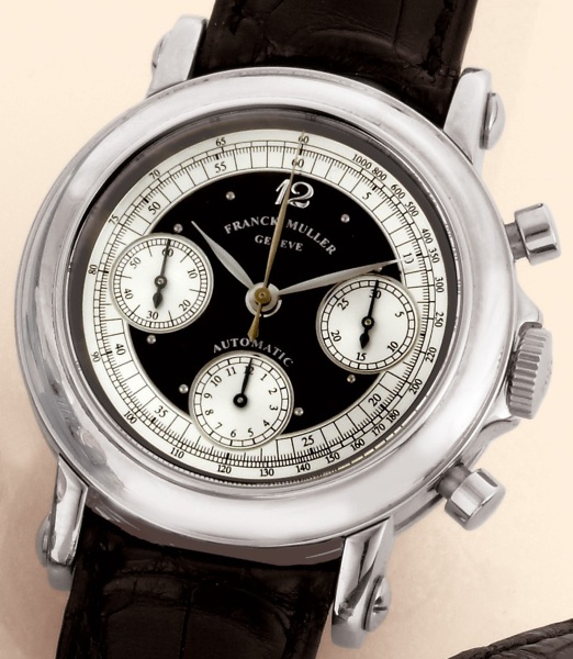 Ref. 7000 CC.Franck Muller, Chronograph, Qualite Chronometrique, Ref. 7000 CC, No. 182, 1990s..Fine, self-winding, water-resistant to 30 meters, stainless steel gentleman's wristwatch with three button.chronograph, tachometer, and leather strap. Accompani