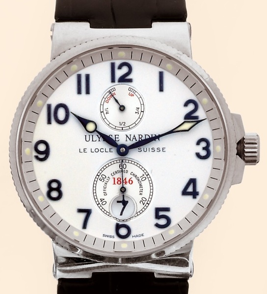 1846 Marine Chronometer.Ulysse Nardin, Le Locle, Suisse, 1846.Marine Chronometer, No. 724. Officially.Certified Chronometer, Ref. 263-66. Made in 2004..Fine, self-winding, water-resistant, stainless steel gentleman's.chronometer wristwatch with date.