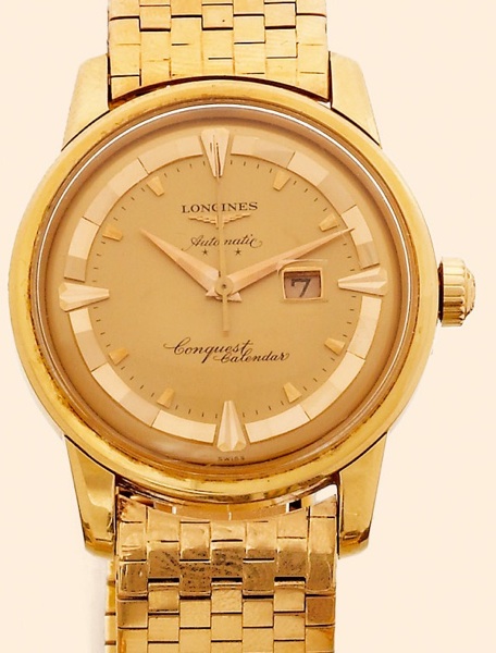 Conquest Calendar.Longines, Conquest Calendar, Automatic, Ref. 9005. Made in the 1960s..Fine, center-seconds, self-winding, water-resistant, 18K yellow gold gentleman's wristwatch with an 18K.yellow gold link bracelet.