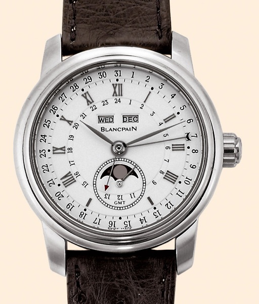 GMT.Blancpain, GMT Le Brassus, No. 75/200.Ref. 4276. Made in a limited edition of.200 pieces circa 2004..Fine and large self-winding, astronomic, two-time zone.triple date platinum gentleman's wristwatch with moon.phases and a platinum Blancpain deployant