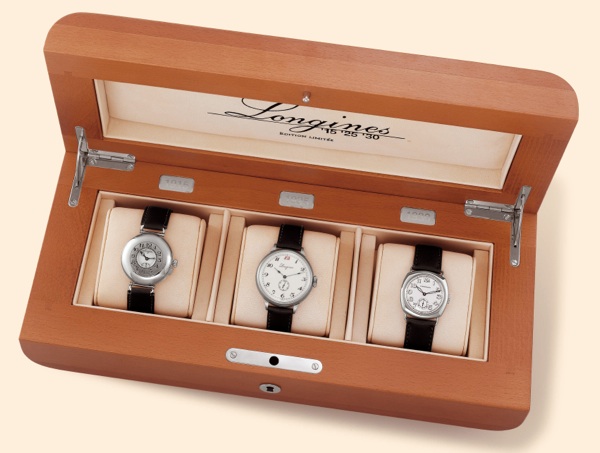Longines Anniversary Set.A fine and rare commemorative set of 3.Longines wristwatches originally produced.by Longines in 1915, 1925 and 1930. This set.No. 717/1000, is a re-edition made in 1997 to commemorate.the 130th anniversary of the manufacturer and 