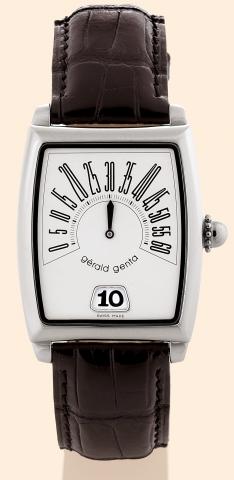 R_tro Solo.G_rald Genta, R_tro Solo.Ref. R.S.O.M.10. Made circa.2000..Fine, tonneau-shaped and curved.jump-hour, self-winding, water-resistant.stainless steel gentleman's wristwatch.with retrograde minutes and a.stainless steel G_rald Genta buckle..Accomp