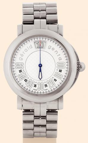 R_tro Sport.G_rald Genta, R_tro Sport.Ref. RSP. X. 10. Made circa.2000..Fine, jump-hour, center-seconds, selfwinding.water-resistant, stainless steel.gentleman's wristwatch with retrograde.minutes and a stainless steel G_rald.Genta link bracelet. Accompan