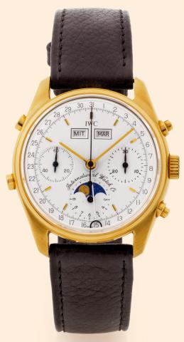 International Watch Co., Schaffhausen, Ref..3710, No. 070/150. Made in a limited edition of.150 examples in the 1980s..Fine and rare, astronomic, water-resistant, 18K yellow gold.gentleman's wristwatch with round button chronograph.register, triple date a