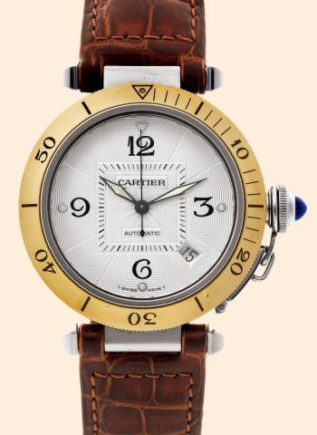 Pasha.Cartier, Pasha, Automatic, Ref. 2378..Made in the 1990s..Fine, center-seconds, self-winding, water-resistant, stainless.steel and yellow gold gentleman's wristwatch with date and.a stainless steel Cartier deployant clasp. Accompanied by a.fitted box