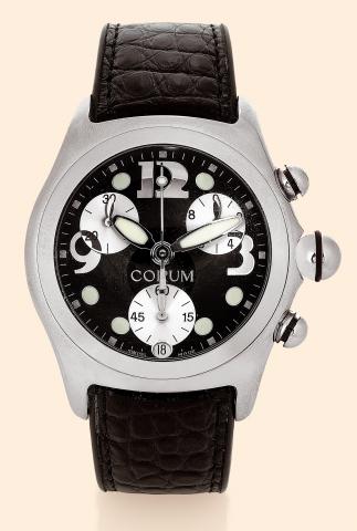 Bubble Chronograph.Corum Boutique, Bubble.Chronograph, Ref..396. 150.20. Made circa 2000..Fine and unusual, curved, water-resistant.stainless steel gentleman's quartz.wristwatch with date, round button.chronograph, registers, thick domed.crystal creating 