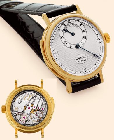 R_p_tition Minutes.Breguet, R_p_tition Minutes, No. 1430, Ref. 3187. Made in the.1990s, limited production of 9 pieces..Very fine and rare, minute-repeating, 18K yellow gold gentleman's wristwatch with.regulator dial and an 18K yellow gold Breguet buckle.